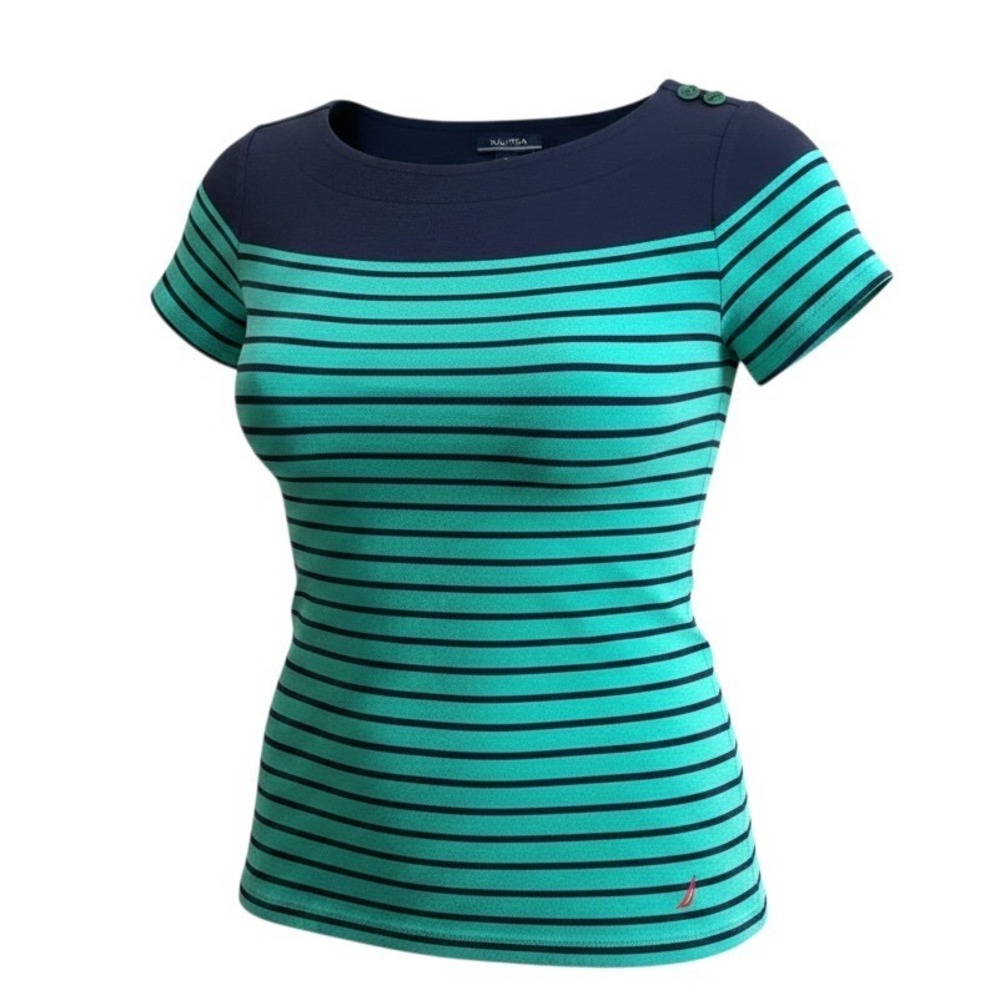 Nautica Womens Teal Navy Striped Boat Neck Short Sleeve Anchor Button Top L